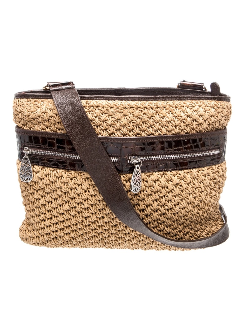 Brighton Woven Straw Black Croc Leather Trim Crossbody Bag PolkaDot Print Lining